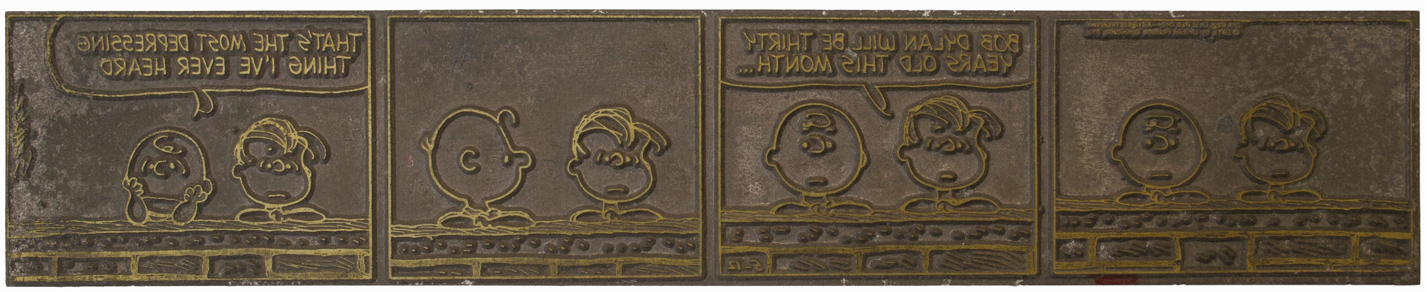 Original Printing Plate for the Famous 1971 ''Peanuts'' Comic Strip Celebrating Bob Dylan's 30th Birthday -- Plus 12 Other Original Comic Printing Plates Including Four More for ''Peanuts''